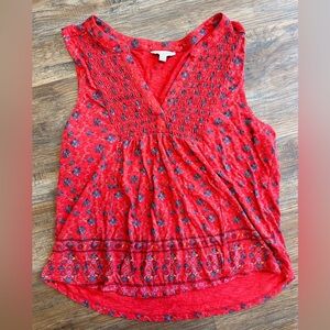 Lucky Brand Women’s L Smocked Red Blue Floral V-Neck Sleeveless Top